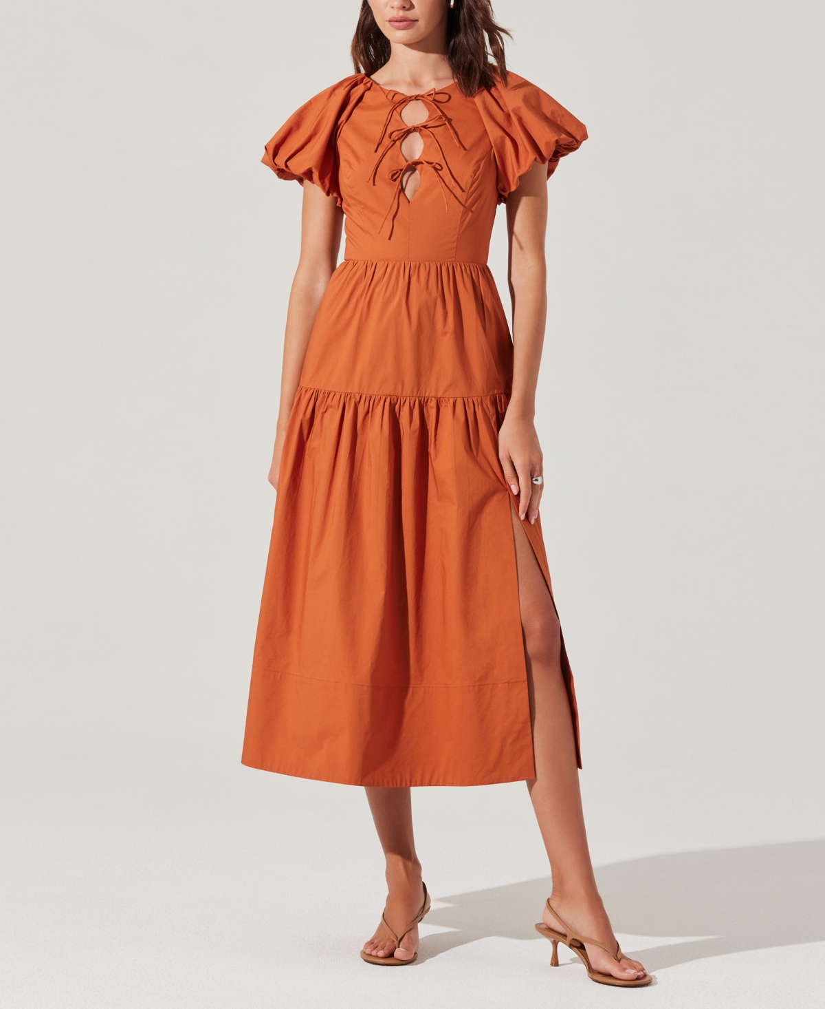 Women's Aine Bow-Tie Puff-Sleeve Cotton Midi Dress - Copper