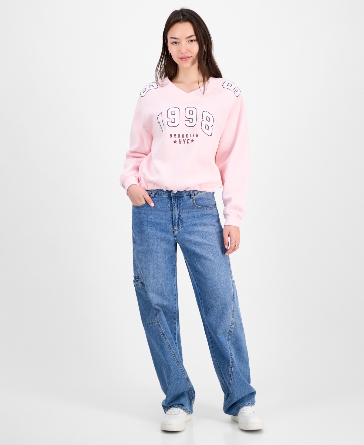Planet Gold Juniors' Varsity Graphic Bubble-hem Sweatshirt In Pink