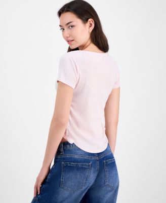 Juniors' Solid Ribbon-Side Short-Sleeve Tee