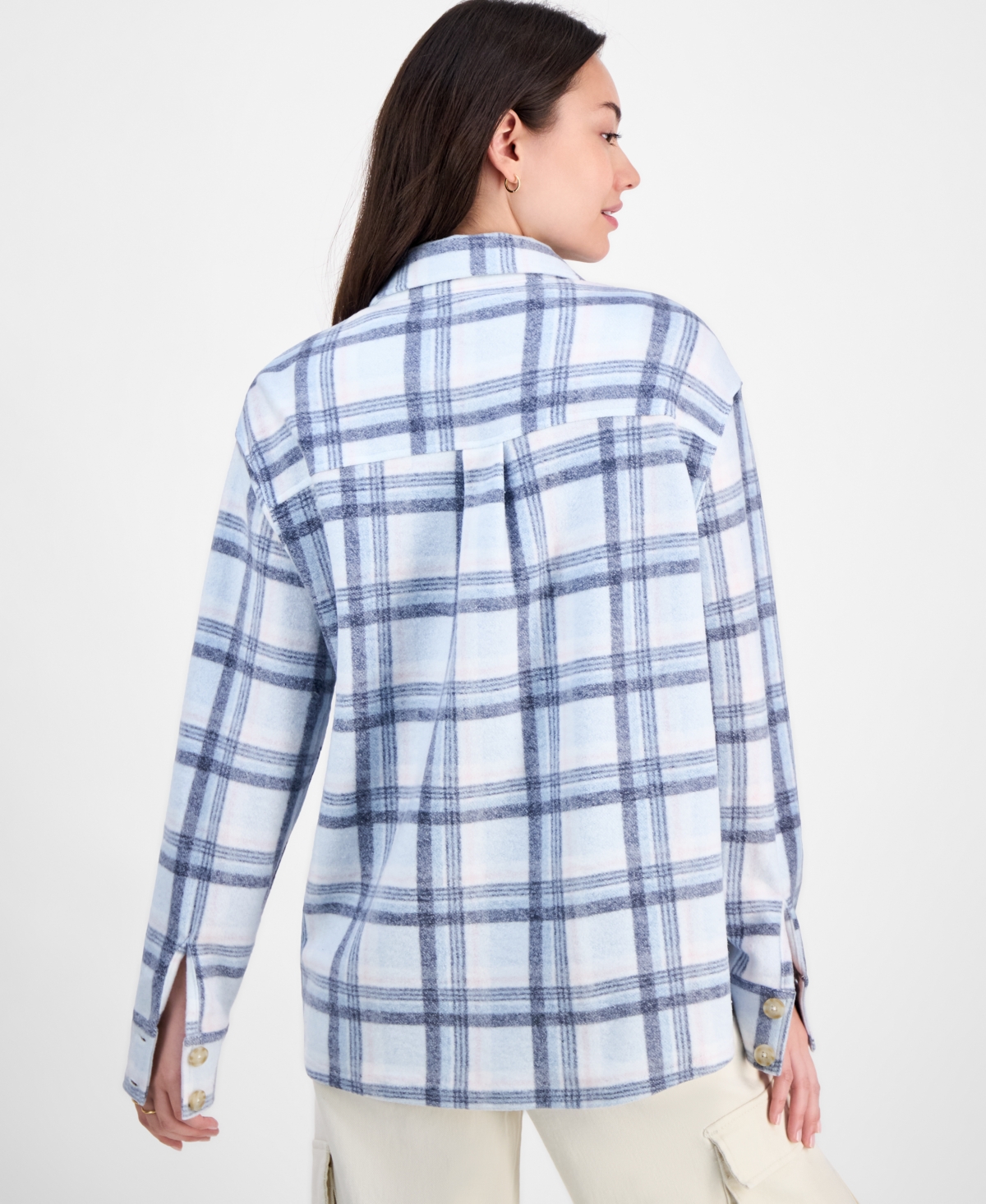 Just Polly Juniors' Plaid Button-front Shacket In Blue