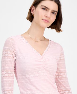 Juniors' Long-Sleeve Lace V-Neck Top