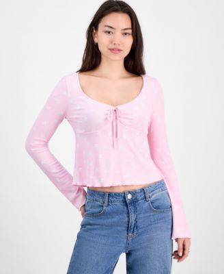 Self Esteem - Juniors' Printed Tie-Neck Rib-Knit Top