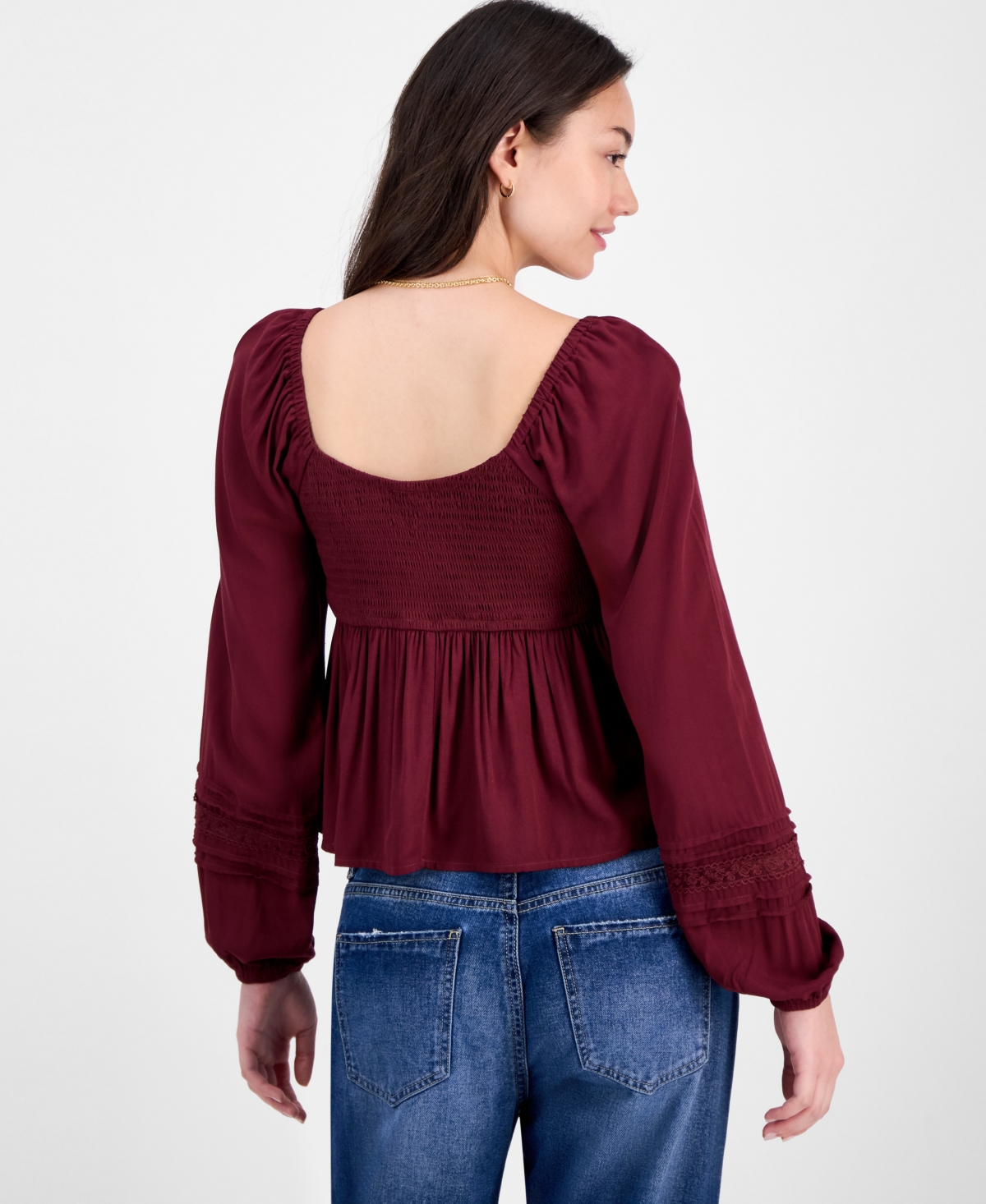 Self Esteem Juniors' Ruched V-neck Lace-inset Blouse In Brown