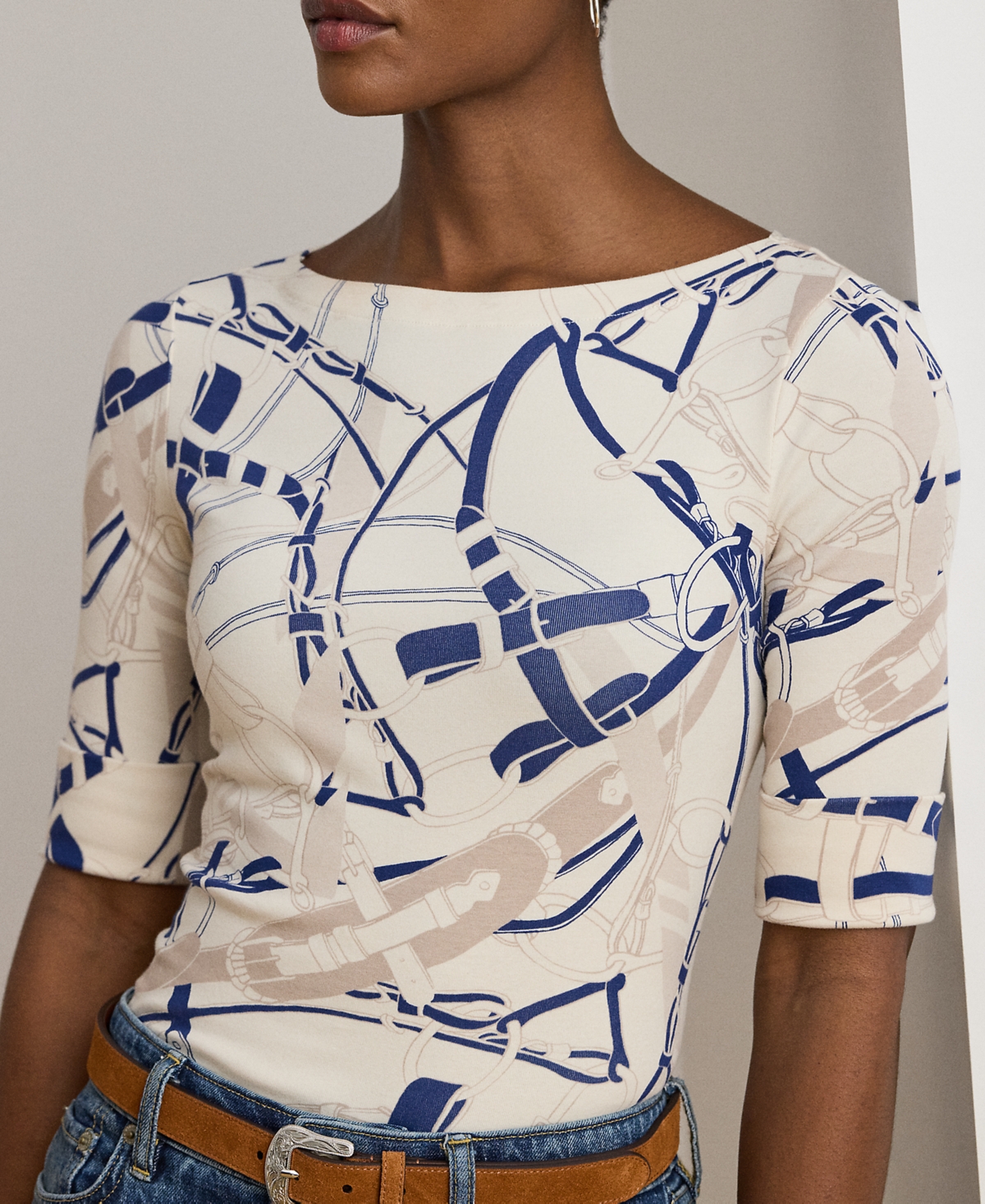 Ralph Lauren Petite Belting-print Cotton Boatneck Tee In Multi
