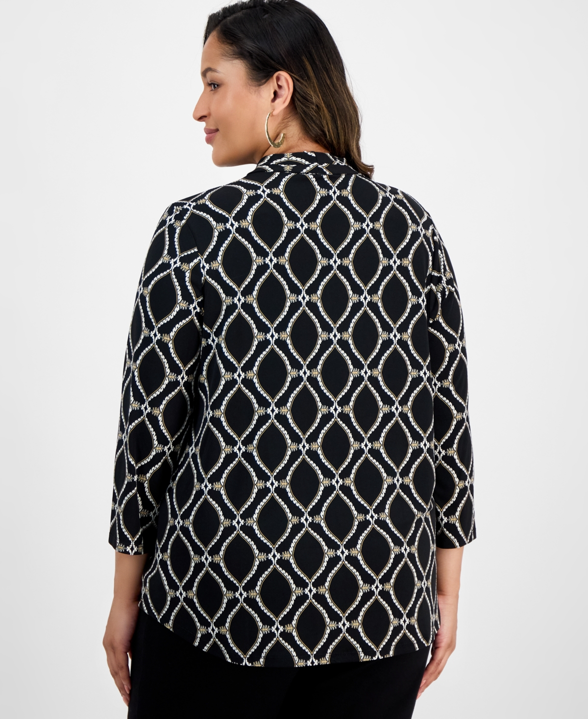 Jm Collection Plus Size Printed V-neck Top, Exclusive At Macy's In Black