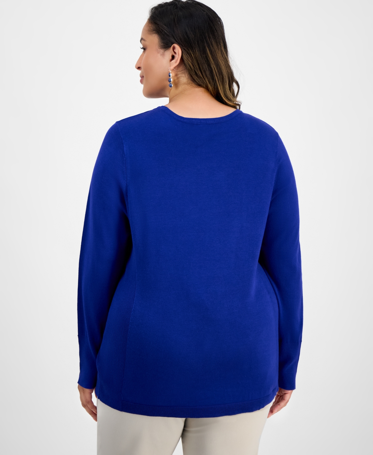 Jm Collection Plus Size Crewneck Long-sleeve Sweater, Macy's Exclusive In Blue