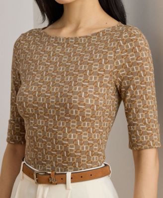 Petite Geo-Print Stretch Cotton Boatneck Tee