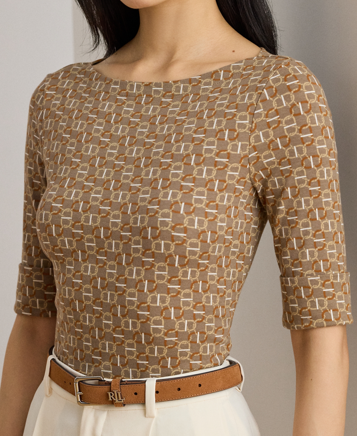 Ralph Lauren Petite Geo-print Stretch Cotton Boatneck Tee In Multi