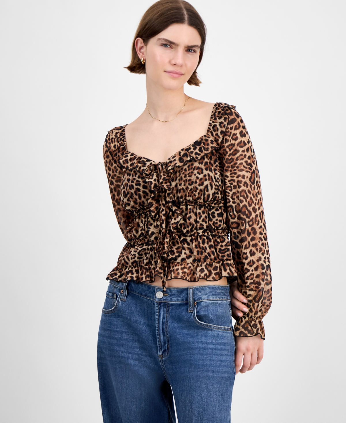 Tinseltown Juniors' Tie-back Ruffle Blouse In Animal Print