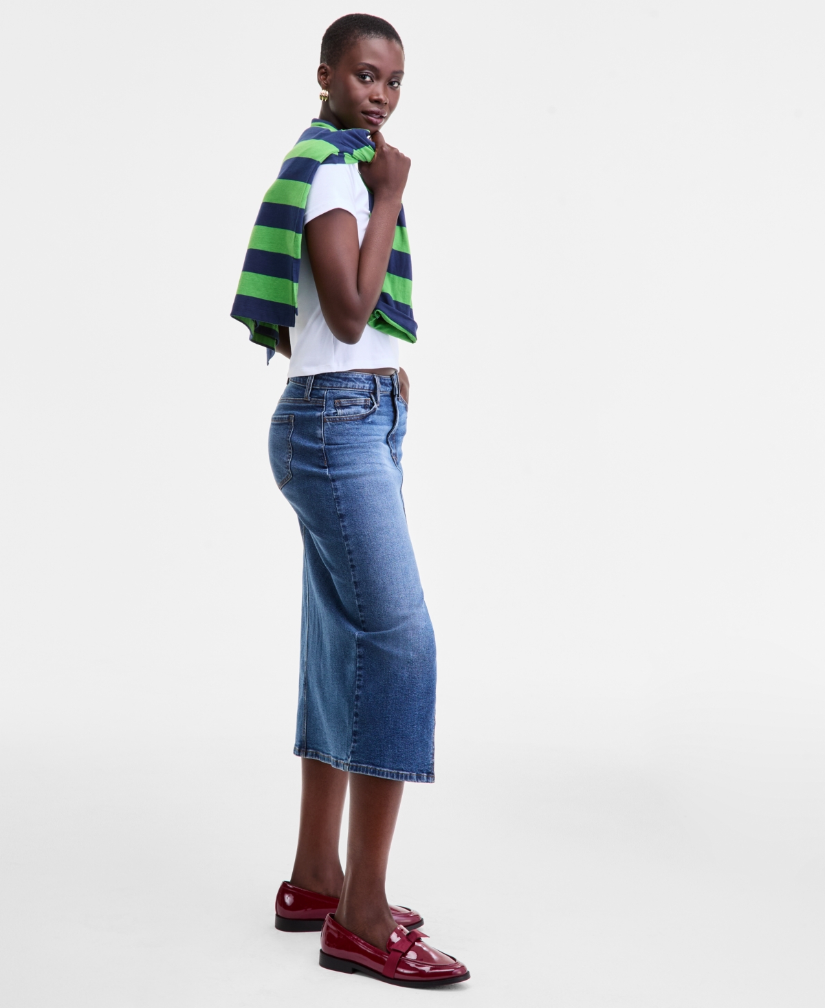 On 34th Womens Printed Blouse Denim Midi Skirt Jaqqy Small Crossbody Bag Mabel Buckled Mules Macys Exclusive In Blue