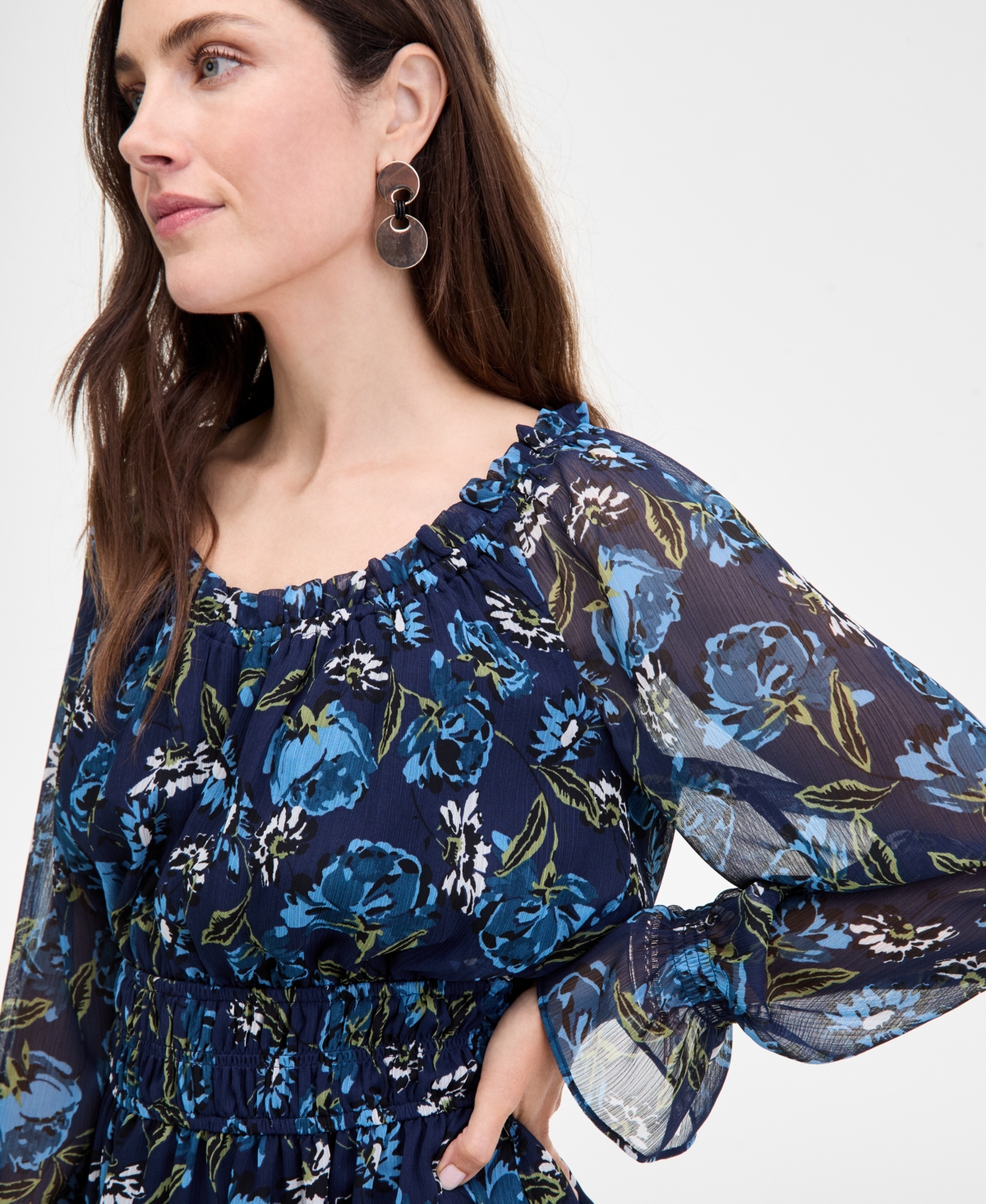 On 34th Women's Printed Smocked Ruffle Chiffon Mini Dress, Macy's Exclusive In Blue