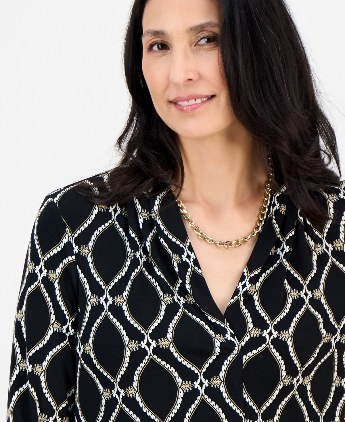Jm Collection Petite Anita Ornate Printed 3/4-sleeve Top, Macy's Exclusive In Black