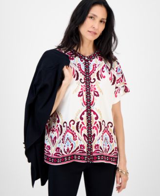 Women's Satin Printed Short-Sleeve Button Top, Exclusively at Macy's