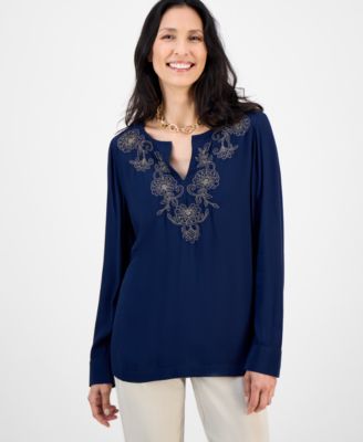 JM Collection - Women's Shine Embroidered Tunic Blouse