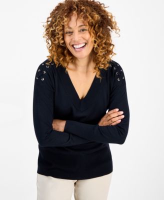 Petite Lace-Up Shoulder V-Neck Sweater