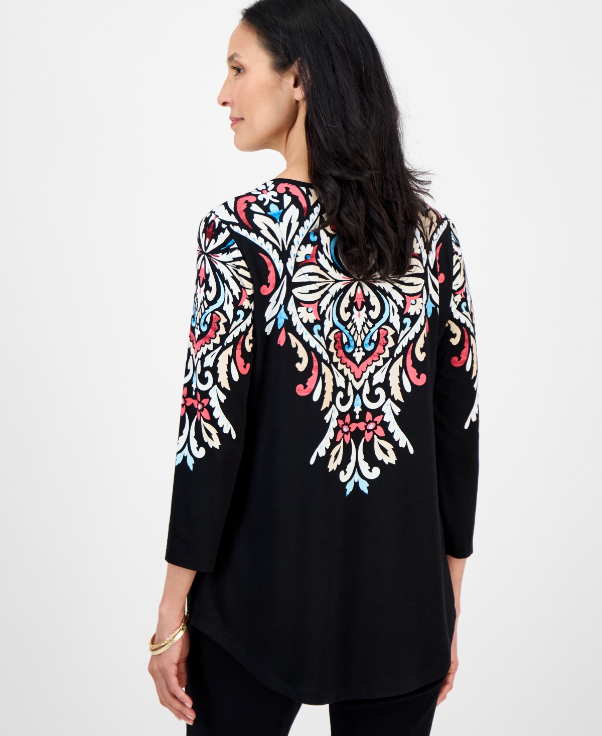 Jm Collection Women's Printed Scoop-Neck 3/4-Sleeve Top, Exclusively at Macy's