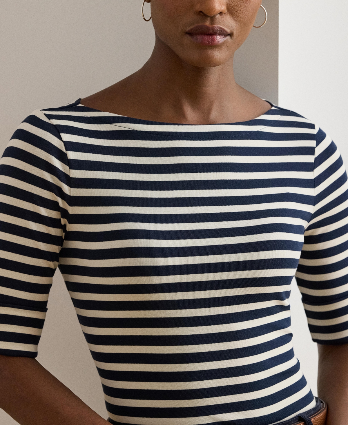 Ralph Lauren Womens Striped Stretch Cotton Boatneck Tee P Xs Xxl In Blue