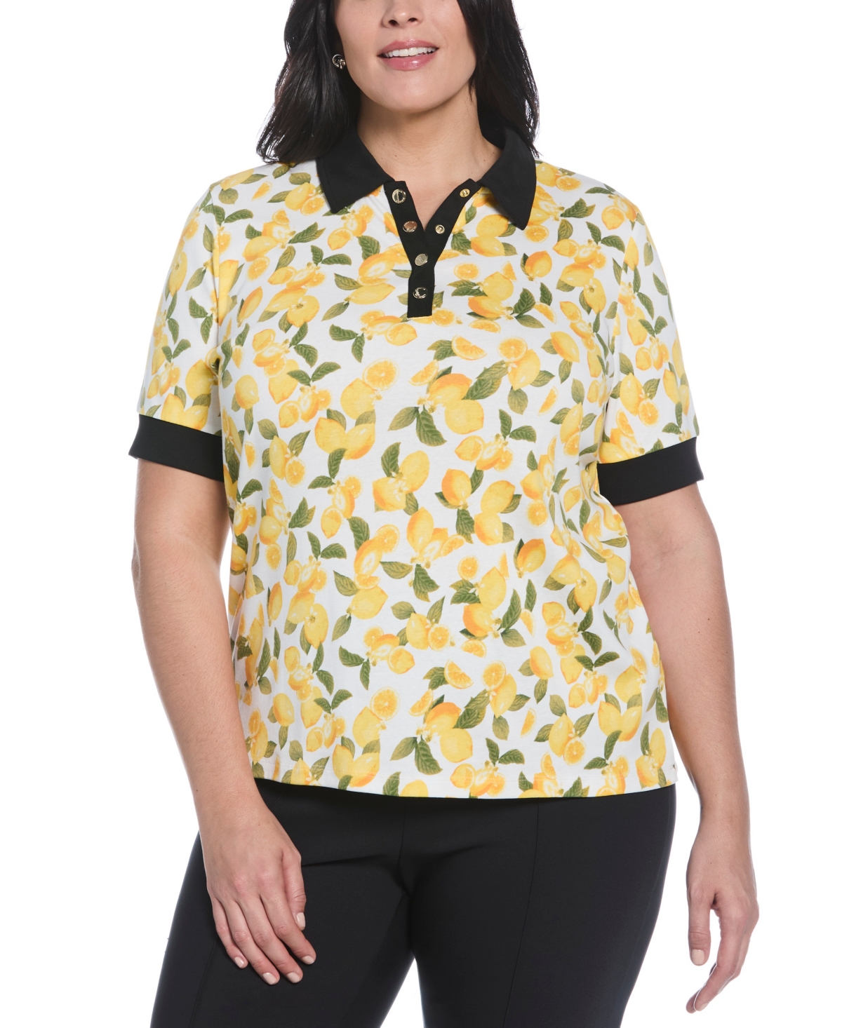 Plus Size Lemon Print Buttoned Elbow Length Sleeve Polo T-Shirt - Star White