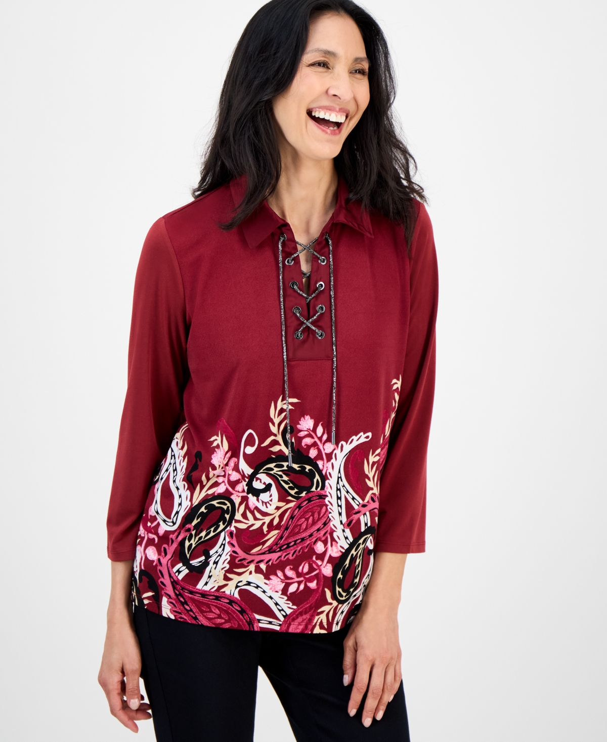 Women's Trailing Paisley Lace-Up Collared Top - Antique Red