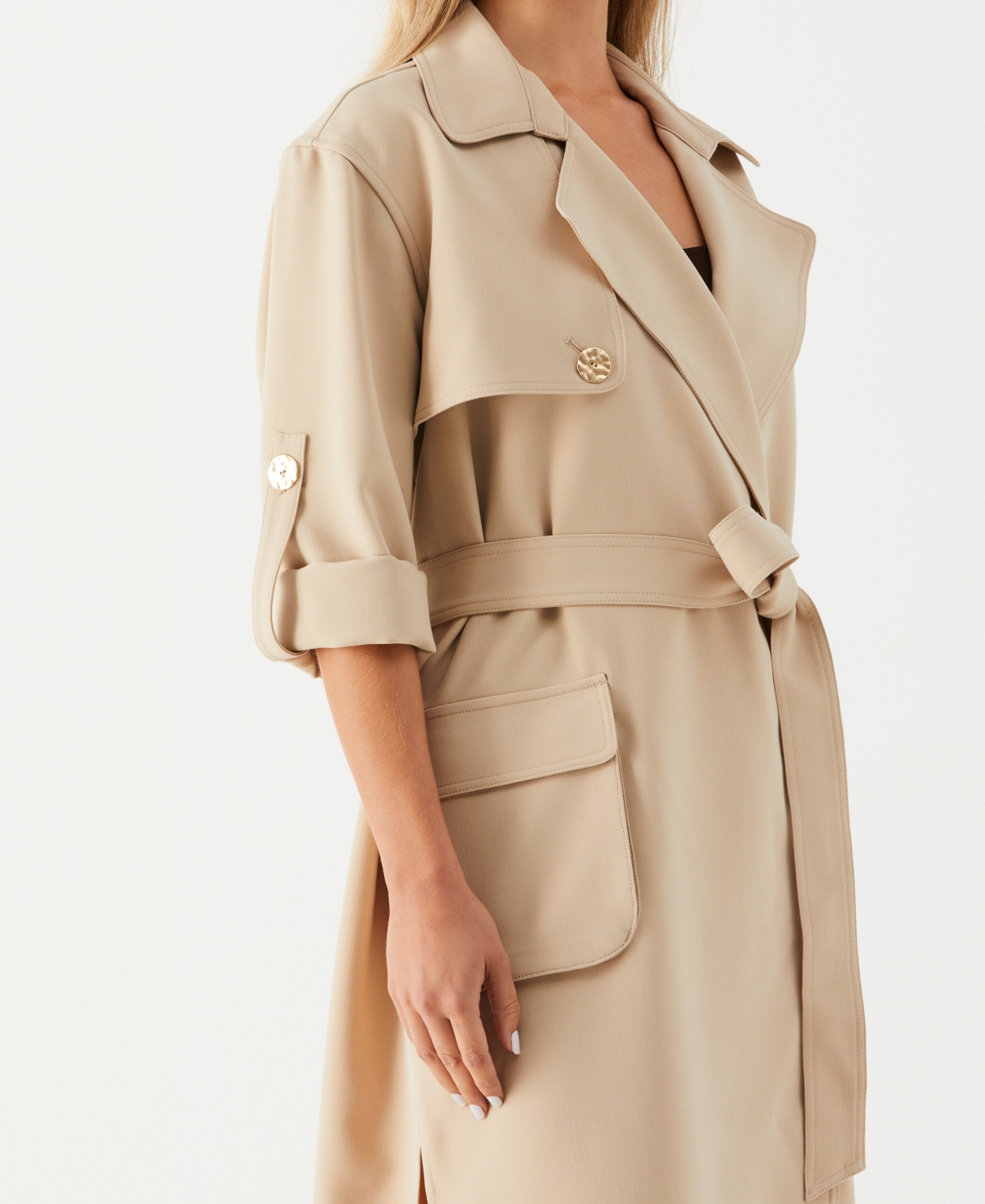 Ella Rafaella Petite Twill Trench Coat Collared Jacket In Brown