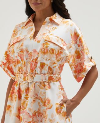 Petite Floral Print Utility Short Sleeve Shirt Dress