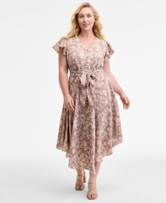 Vince Camuto - Plus Size Printed Belted Midi Dress