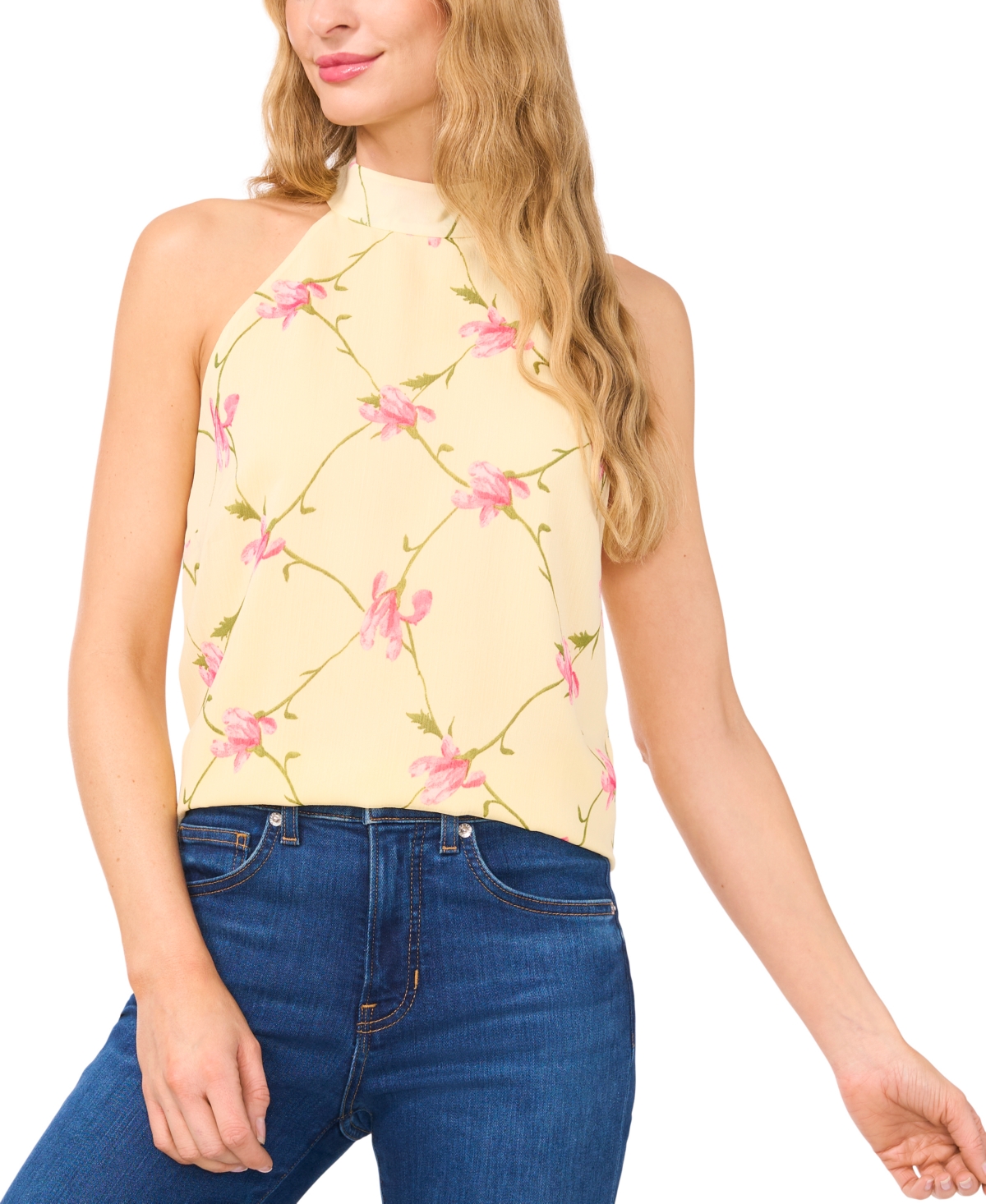 Women's Floral-Print Sleeveless Halter Top - Lemon Drop