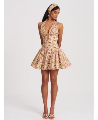 Women's Mackenzie Green and Pink Floral Print Halter Linen Mini Dress