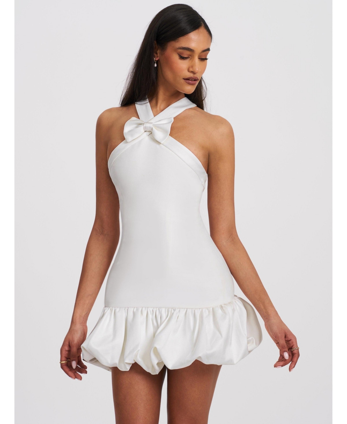 Women's Barbra White Cross Straps Bodycon Mini Dress with Bubble Hem - White