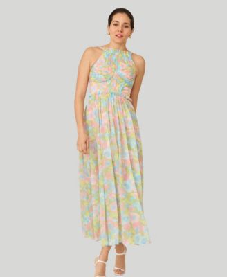 Women's Floral Pleated Bodice Halter Midi Dress