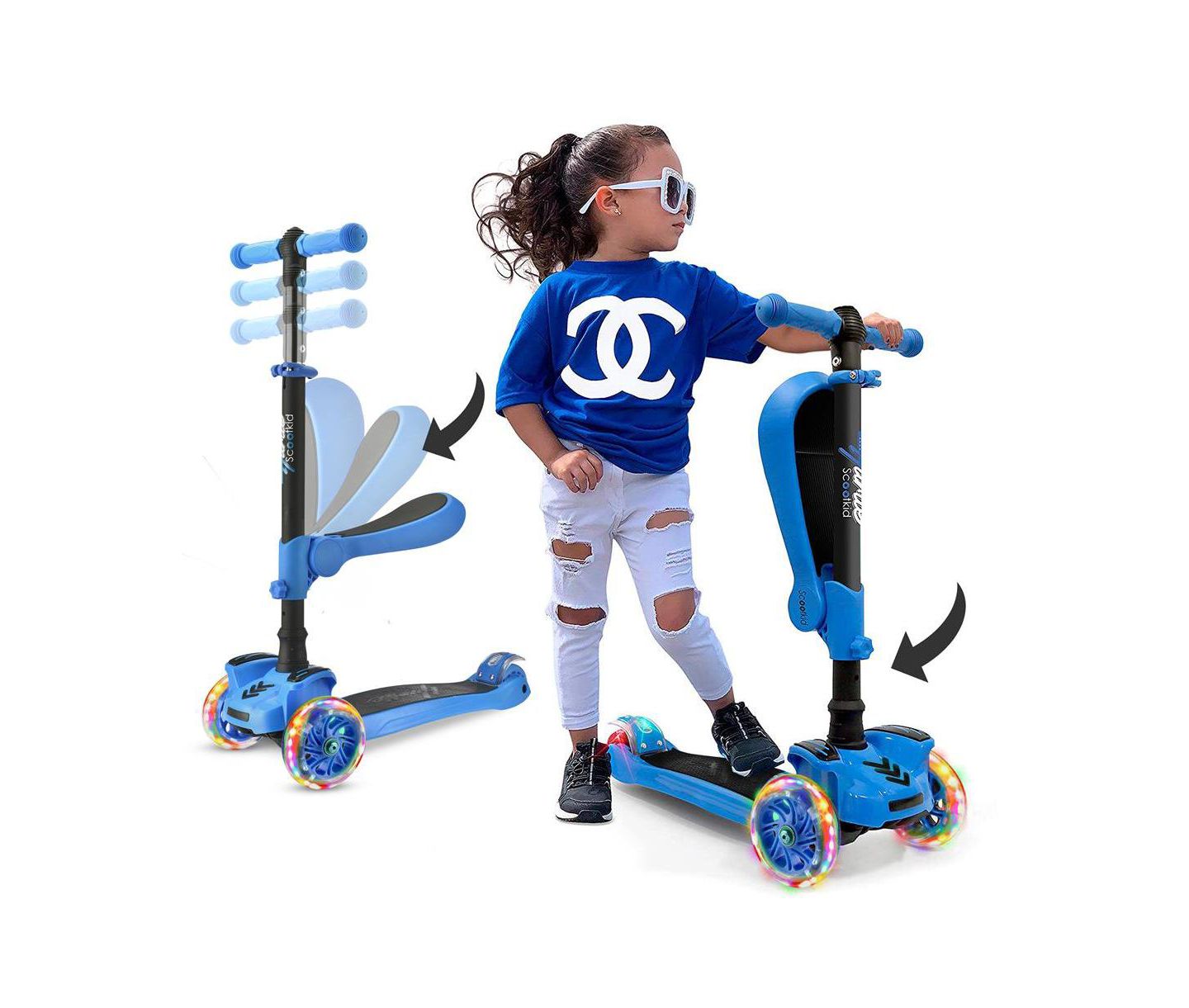 Детская игрушка Hurtle 3-Wheeled Sit or Stand Scooter with LED Wheel Lights and Lean-to-Steer, 45 lb Capacity, Ages 1+ — фото 1