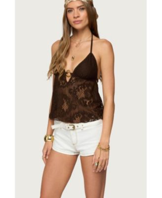 Womens Sheer Crochet Babydoll Halter Top