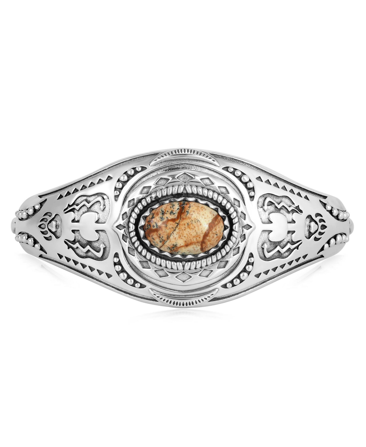 Sterling Silver Picture Jasper Oval Cut Bear Cuff Bracelet, Size Small