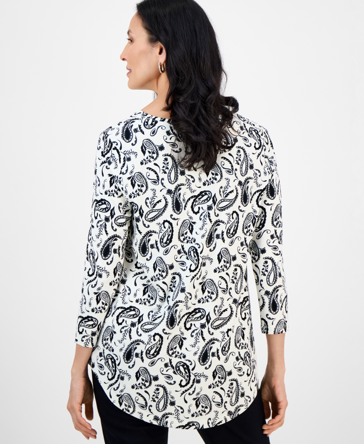 Jm Collection Women's Printed Scoop-neck 3/4-sleeve Top, Exclusively At Macy's In Black