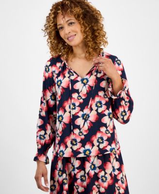 JM Collection - Women's Painted Petunia Clip Jacquard Blouse