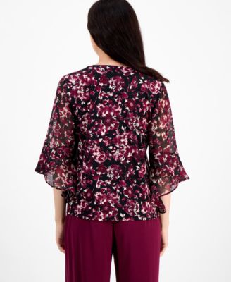 Petite Floral-Print Bell-Sleeve Blouse