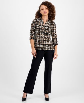 Petite Printed 3/4-Sleeve Roll-Tab Collared Top