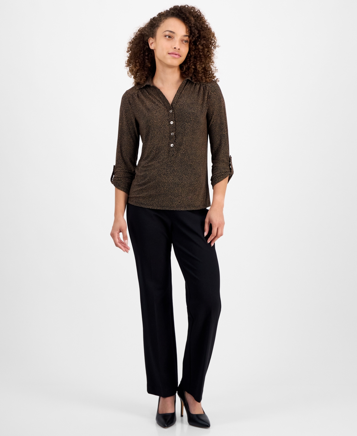 Ak Anne Klein Petite 3/4-sleeve Roll-tab Collared Top In Brown