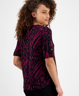 Petite Printed Rolled-Sleeve Button-Front Top