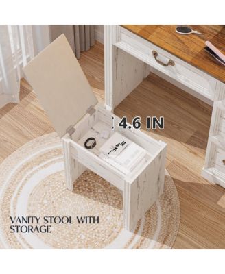 Vanity desk for bedroom with lights, drawers, shelves, stool, and mirror.