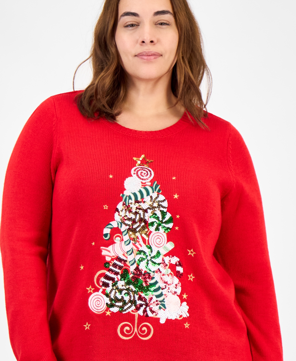 Holiday Lane Plus Size Candy-tree Crewneck Sweater In Red