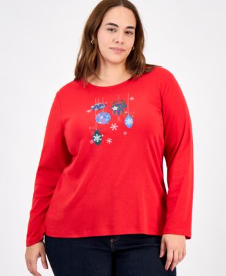 Women's Ornaments Long-Sleeve Top, S-4X, Macy's Exclusive