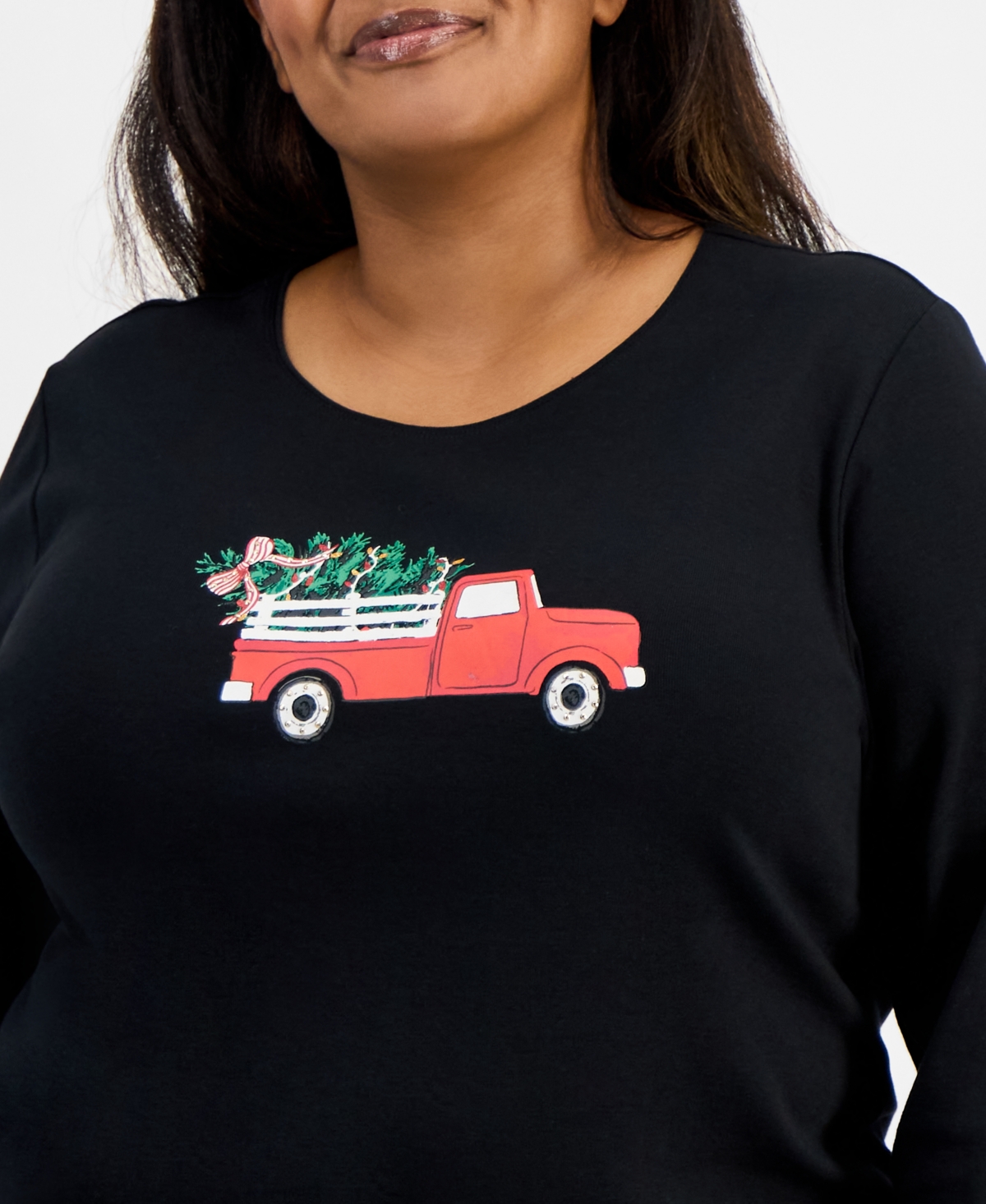 Holiday Lane Plus Size Holiday Truck Long-sleeve T-shirt, Macy's Exclusive In Black