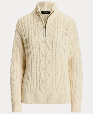 Women's Aran-Knit Cotton Quarter-Zip Pullover