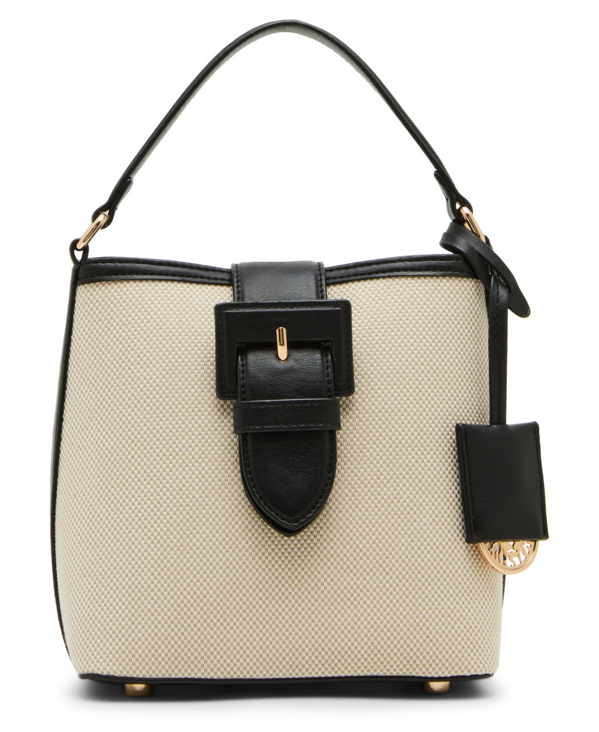 Covered Buckle Convertible Strap Bucket Bag - Tan-Cream/Black