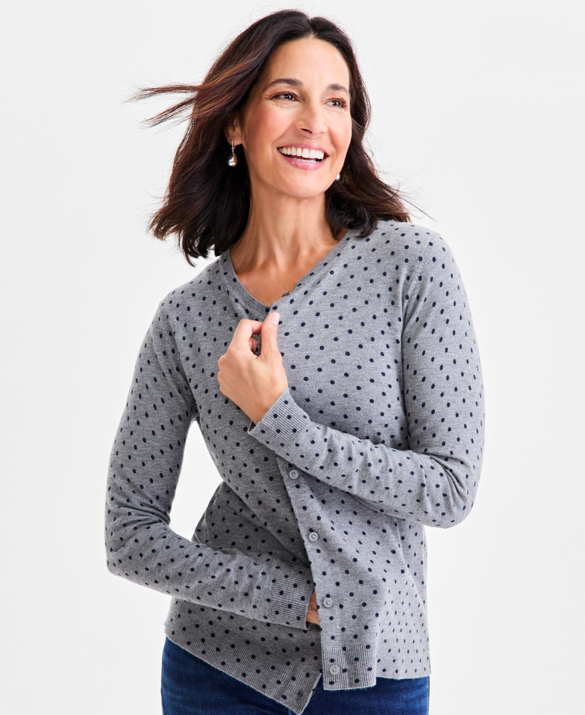 Style & Co Women's Printed Crewneck Button-Front Cardigan