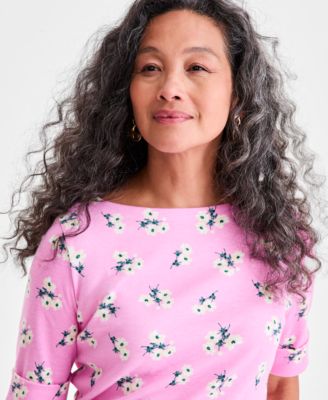 Petite Floral Chintz Boat-Neck Elbow-Sleeve Top, Macy's Exclusive