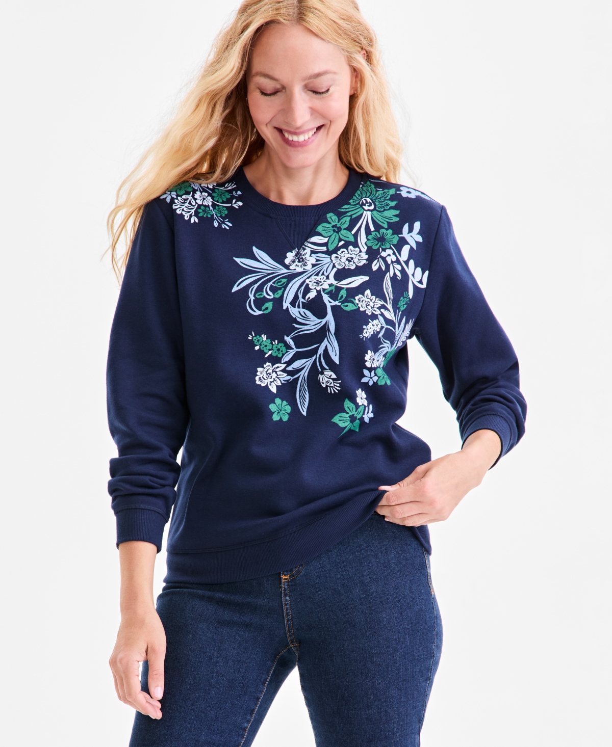 Style & Co Women's Printed Fleece Sweatshirt, Macy's Exclusive In Blue
