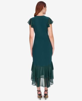  Women's V-Neck Chiffon-Trim Midi Dress with Flutter Sleeves