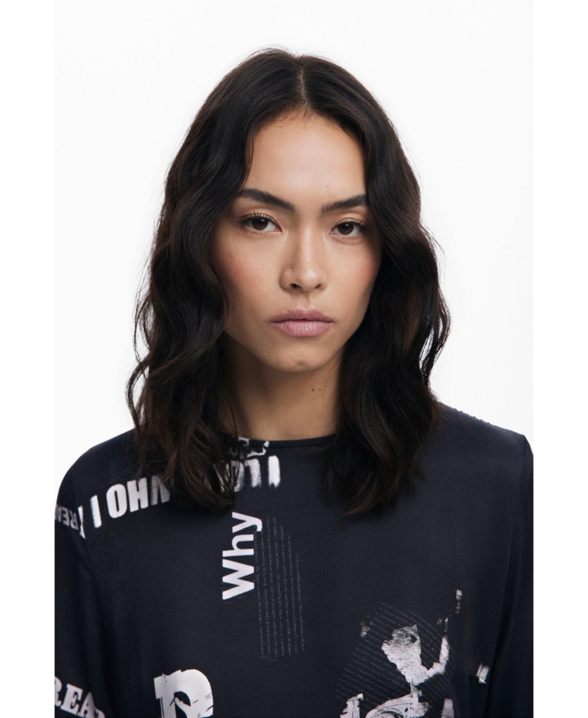 Desigual Newspaper Print Long Sleeve Dress In Black